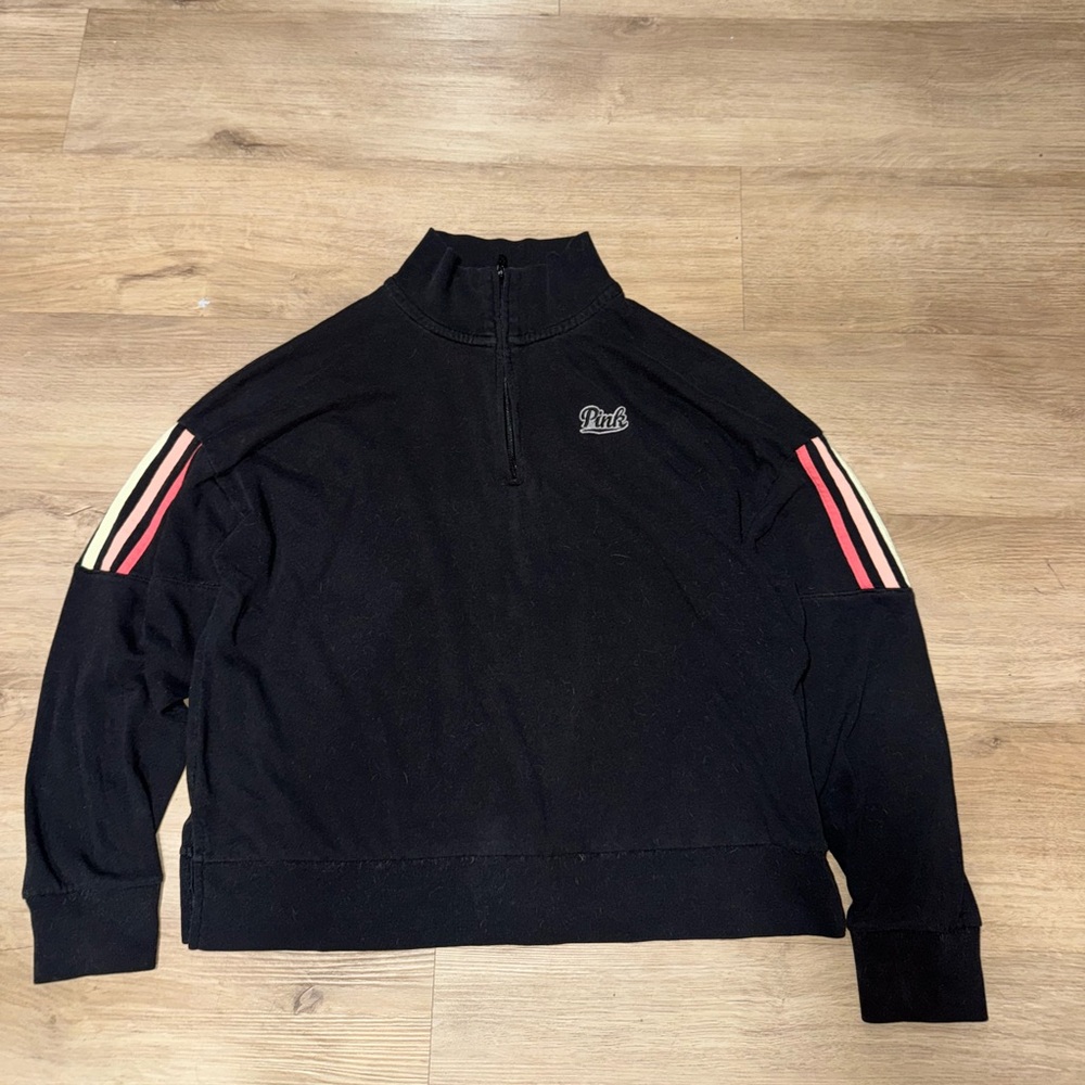 Victoria's Secret Black Zip-Up Sweater with Pink and Cream Stripes